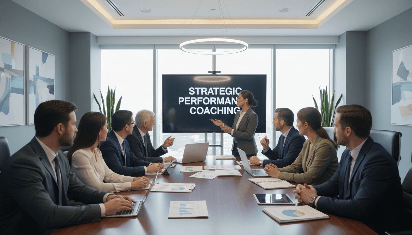 Femme présentant le coaching de performance stratégique à une équipe de professionnels en réunion.